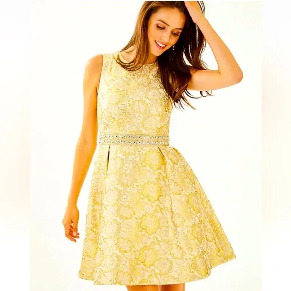 Lilly Pulitzer LEVY A-Line DRESS Gold Metallic Blooming Floral